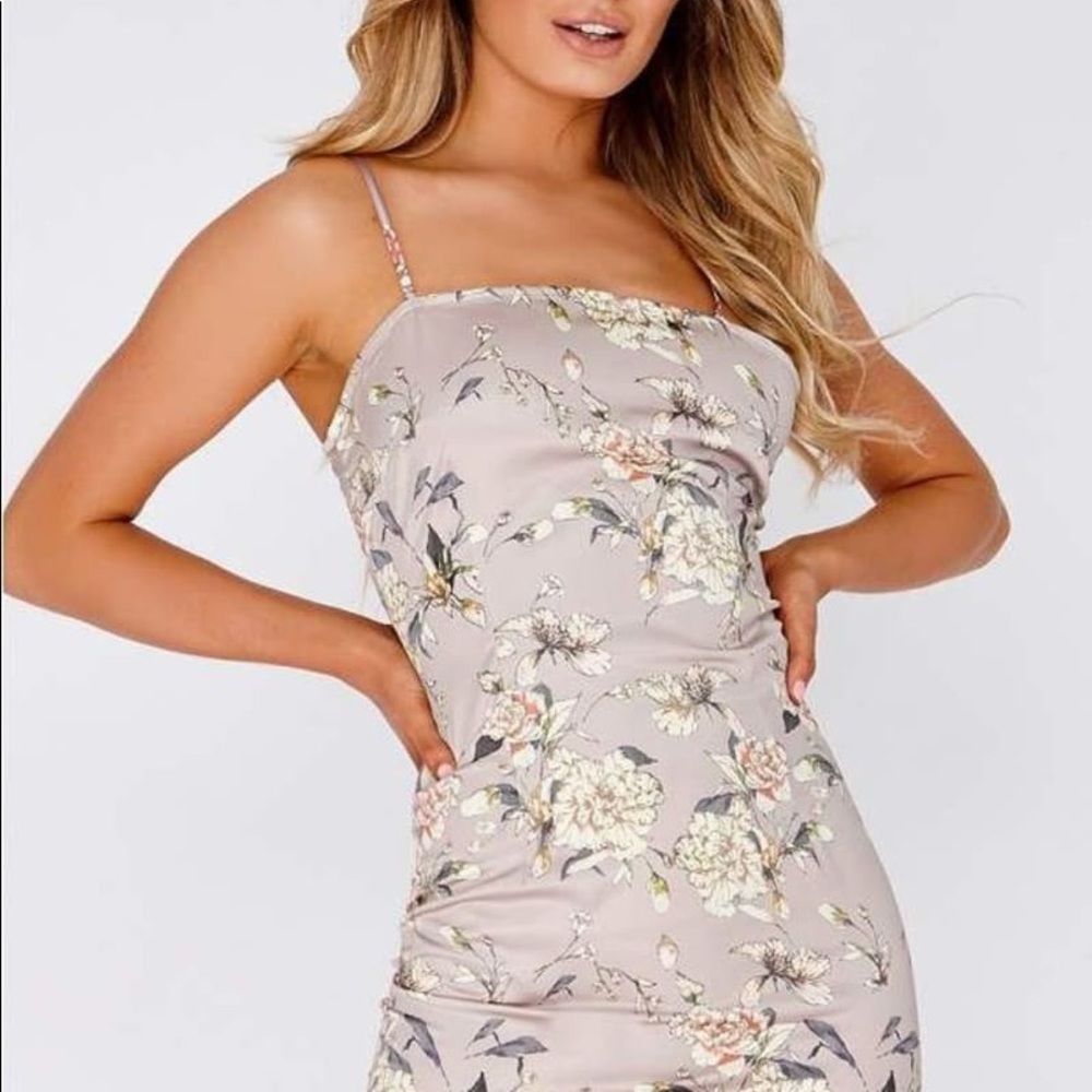 Beige floral satin square neck mini slip dress